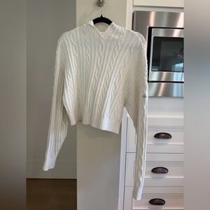 ALO Yoga Cable Knit Cropped V-Neck Hoodie Sweater in Cream
